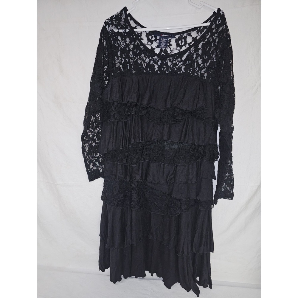 VTG Black Denim 24/7 Crochet Inspired Boho‎ Hippie Whimsigoth Dress Vamp